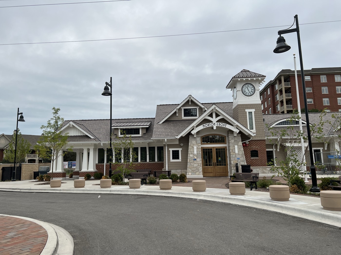 The Morton Grove Metra station with its clock tower on Lehigh Avenue in Morton Grove, Illinois